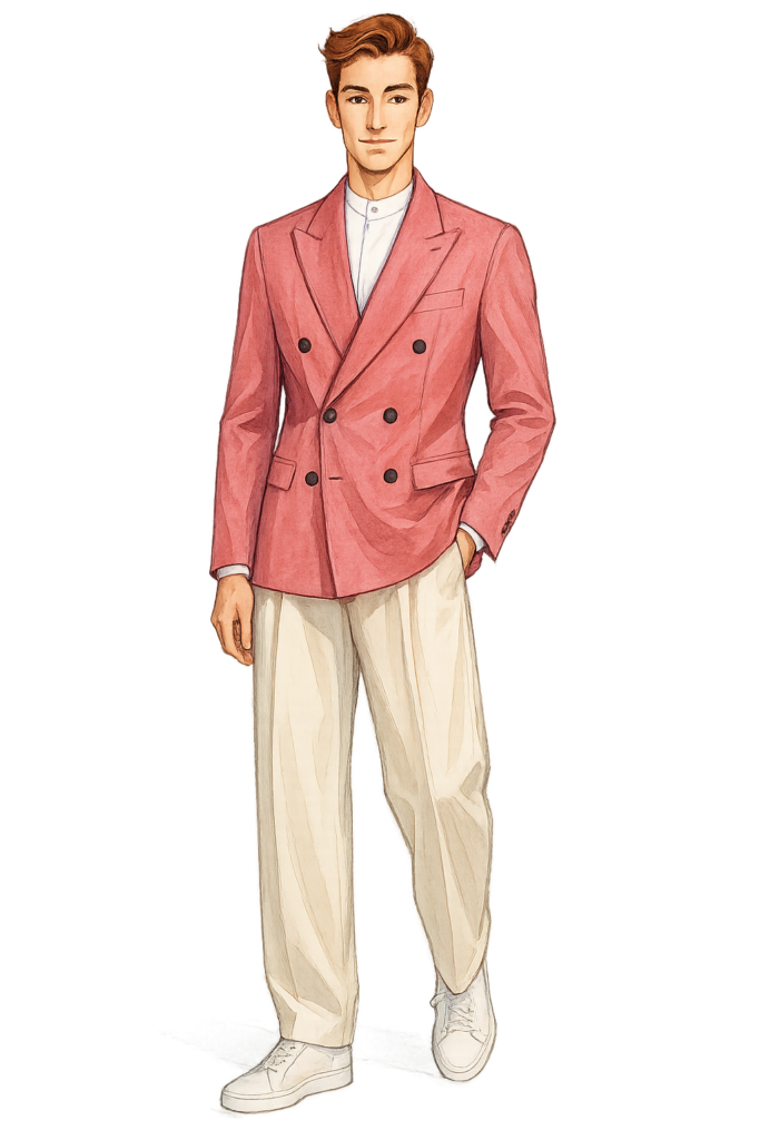 Blazer croisé rose framboise en laine froide ou coton texturé, chemise blanche col mao, pantalon fluide beige, coupe large. Sneakers immaculées pour ancrer le tout dans le présent.
