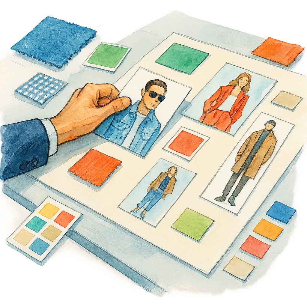 Un dessin raffiné d'une main masculine organisant un moodboard sur un bureau, entouré de tissus et d'inspirations visuelles. Cette image incarne la troisième étape : visualiser concrètement son futur style élégant et moderne.