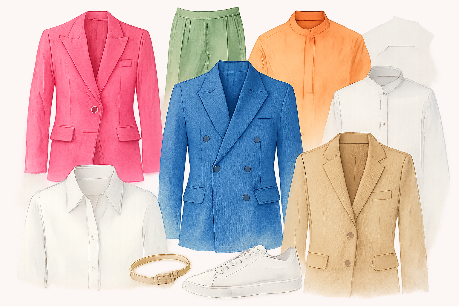 Une composition visuelle lumineuse et inspirante qui esquisse l’essence du style néo-sartorial : des coupes élégantes, des matières nobles et des couleurs vives, réunies dans un équilibre subtil entre tradition et modernité. Chaque pièce illustrée – vestes, chemises, pantalons fluides, sneakers lisses – symbolise une manière libre et contemporaine d'exprimer son élégance personnelle. Un moodboard semi-flou, comme une carte vivante, invitant chacun à tracer son propre chemin stylistique sans se perdre dans les diktats de la mode.