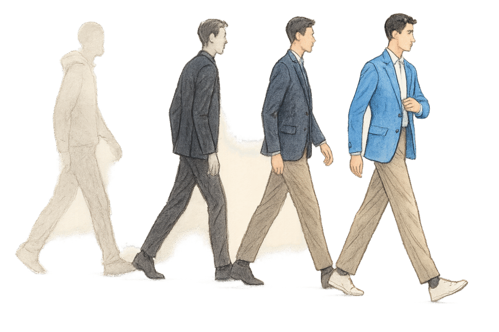 Illustration montrant la progression d'un homme, passant d'une silhouette floue et neutre à une allure affirmée, vêtue d'un style Néo-Sarto. Cette image incarne comment chaque choix stylistique conscient construit peu à peu une présence alignée, traduisant l'évolution silencieuse de l'identité personnelle.