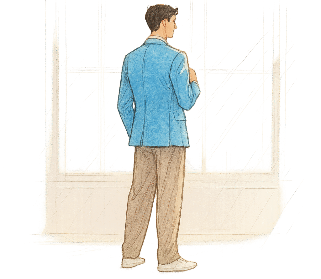 Illustration d’un homme vu de dos, ajustant calmement son blazer face à une grande baie vitrée baignée de lumière. Cette image évoque comment un style aligné, conscient et structuré déclenche un rayonnement intérieur naturel — avant même le moindre mot ou mouvement.