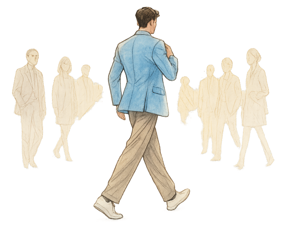 Illustration d’un homme vu de dos, marchant avec aisance dans un environnement urbain stylisé, tandis que plusieurs silhouettes discrètes le remarquent silencieusement. Cette image incarne comment un style aligné et conscient influence naturellement la perception sociale, sculptant une image mentale avant même que le moindre mot ne soit prononcé.