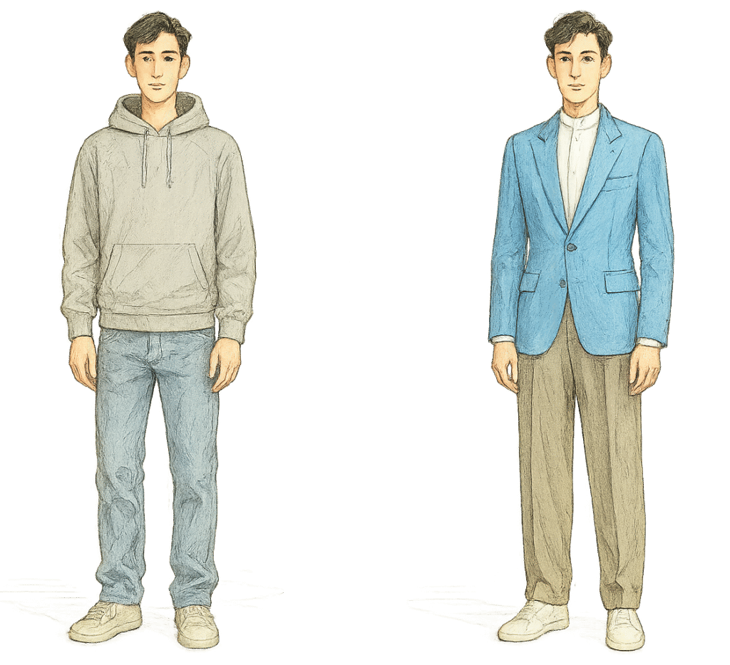 Deux versions d’un même homme révèlent comment chaque apparence, choisie ou subie, envoie un message au monde. À gauche, l’image d’un style négligé par défaut ; à droite, la présence maîtrisée et alignée d’une élégance moderne. Cette illustration montre que le style est un langage silencieux, incontournable, et que choisir son style, c’est choisir sa narration.
