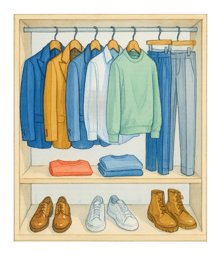 Une illustration haut de gamme montrant un dressing minimaliste avec quelques vêtements soigneusement suspendus. Elle illustre la seconde étape : faire le tri conscient pour ne garder que l’essentiel aligné avec son identité stylistique.