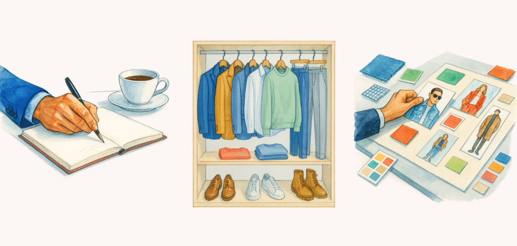 Illustration en trois volets représentant les étapes fondamentales pour construire son style néo-sartorial : clarifier son intention stylistique, trier sa garde-robe avec méthode, et créer un moodboard inspirant. Chaque scène incarne visuellement un moment clé du chemin vers une élégance moderne, alignée et libérée des codes rigides de la mode traditionnelle.