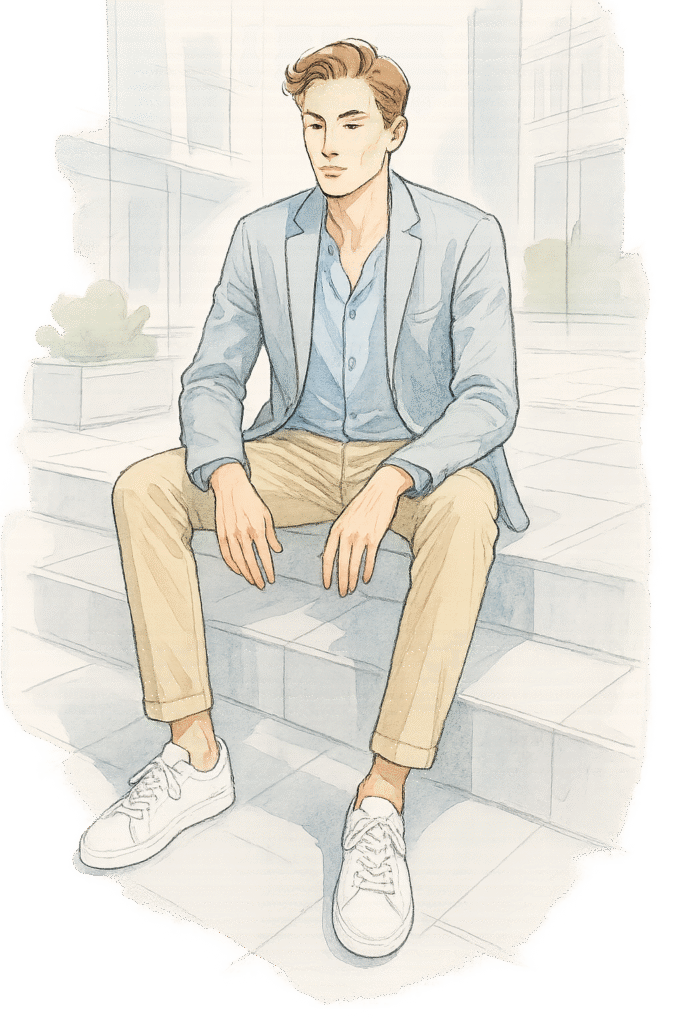 Illustration d’un homme assis sur des marches urbaines, vêtu d’un blazer bleu clair, d’une chemise ouverte, d’un chino beige et de sneakers blanches. Sa posture détendue et son regard neutre évoquent une forme d’élégance facile mais peu incarnée.