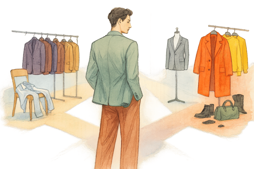 Illustration d’un homme vu de dos, debout à une croisée des chemins stylistiques. Autour de lui, quatre directions visuelles représentant différents styles masculins : casual chic, sartorial classique, modern tailoring et mode tendance. Il regarde vers une cinquième voie, la voie Néo-Sartoriale — symbole d’un style personnel incarné, moderne et élégant.